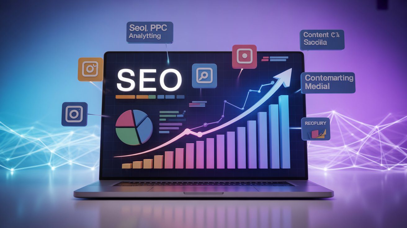 Digital Marketing strategy dashboard on laptop screen showing SEO analytics, PPC data, social media icons, and rising business growth graph in a futuristic digital workspace.