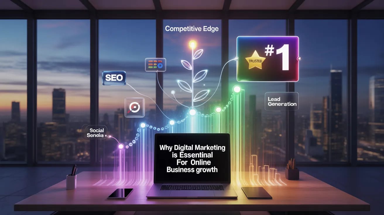 Digital Marketing strategy visualization showing SEO, social media, lead generation, and competitive growth graph on laptop screen in a modern office setting.