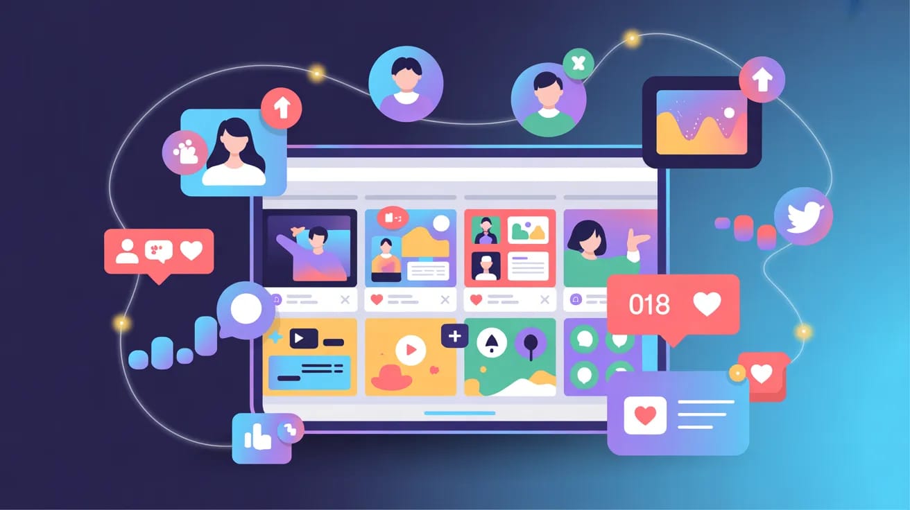 Digital Marketing illustration showing social media content dashboard with posts, likes, comments, analytics, and audience engagement across multiple platforms.