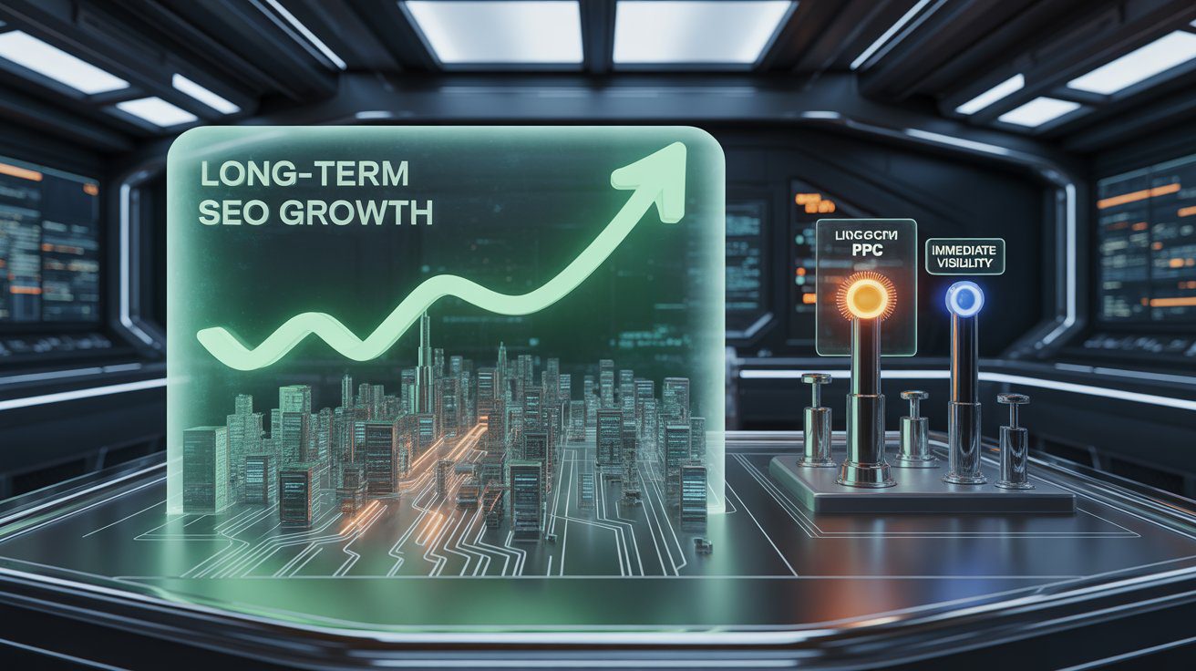 igital Marketing concept showing long-term SEO growth graph compared with PPC for immediate visibility in a futuristic business analytics environment